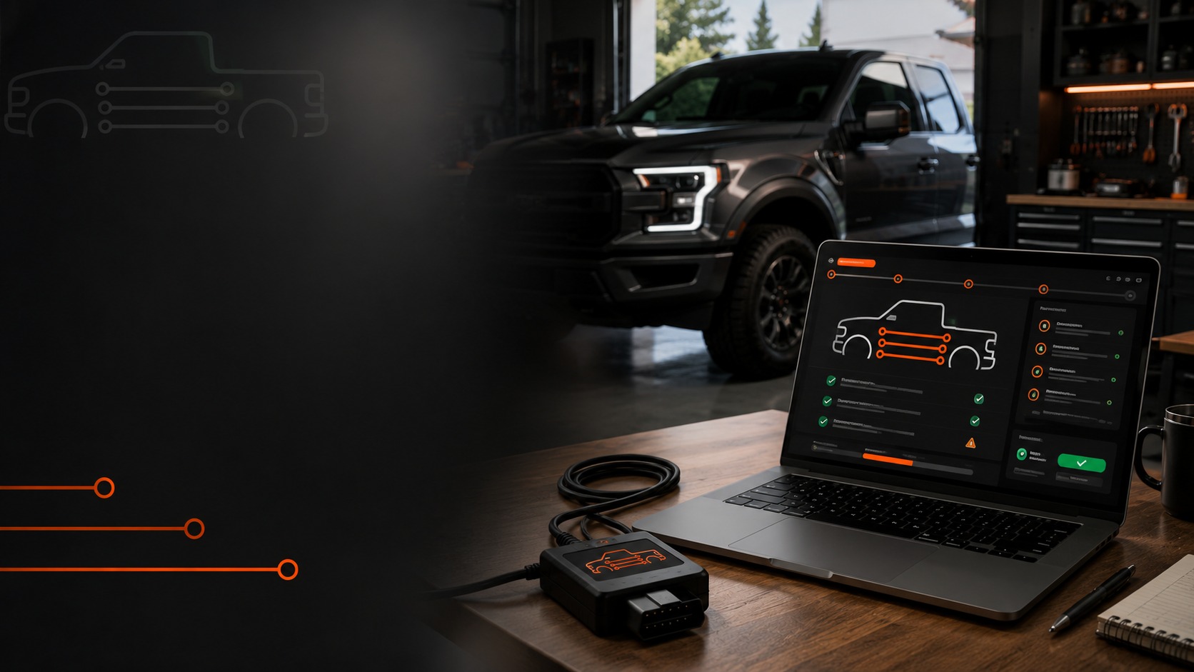 Laptop on a garage workbench showing an F-150 configuration screen, an OBD-II adapter plugged in beside it, and a dark F-150 parked behind